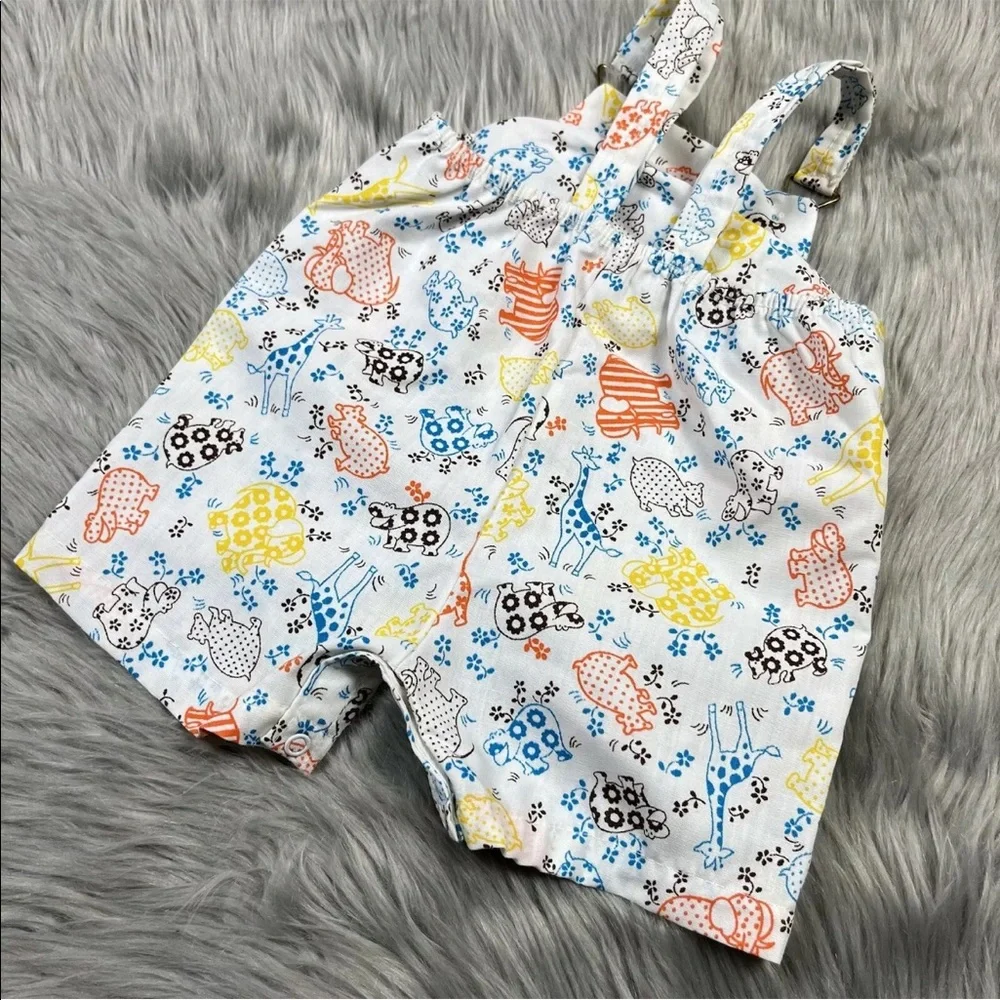 Vintage Baby White Blue Yellow Orange Animal Floral Romper